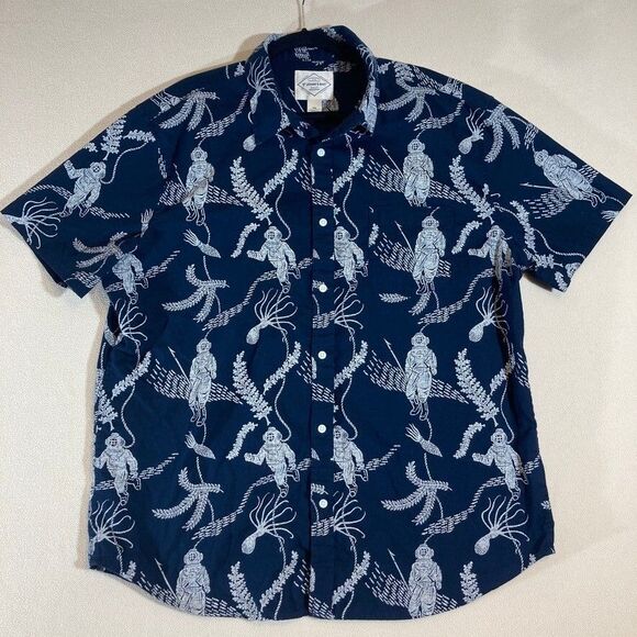 Tropical Scuba Diver Print Button Up Shirt XXL Navy Blue Vacation Resort Wear - Picture 1 of 8